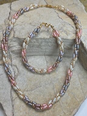 Vintage Multi-Color Pearl Twist Necklace & Bracelet Set Faux Pearl